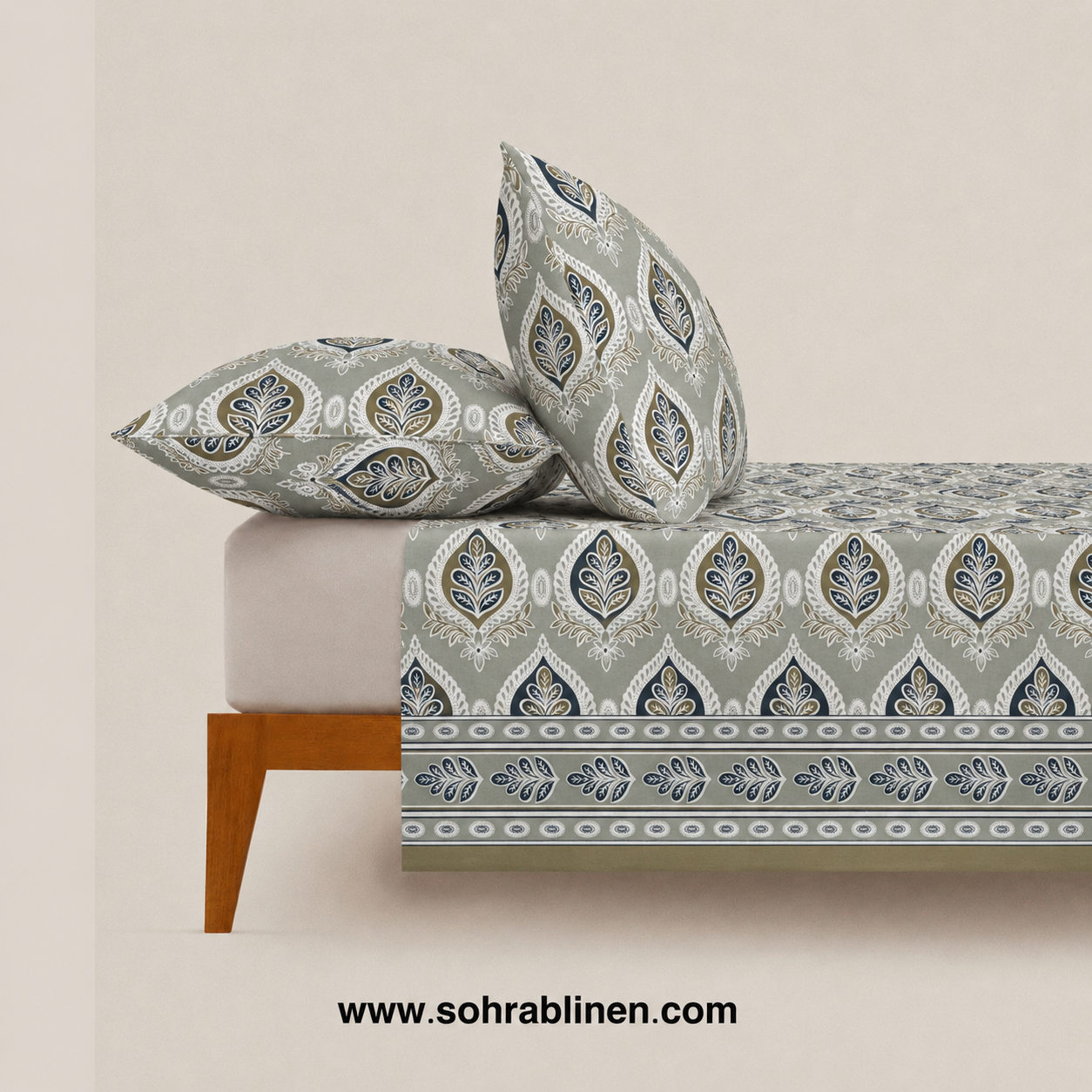 Scandinavian Leaf Grey T-150 Cotton Bed Sheet set
