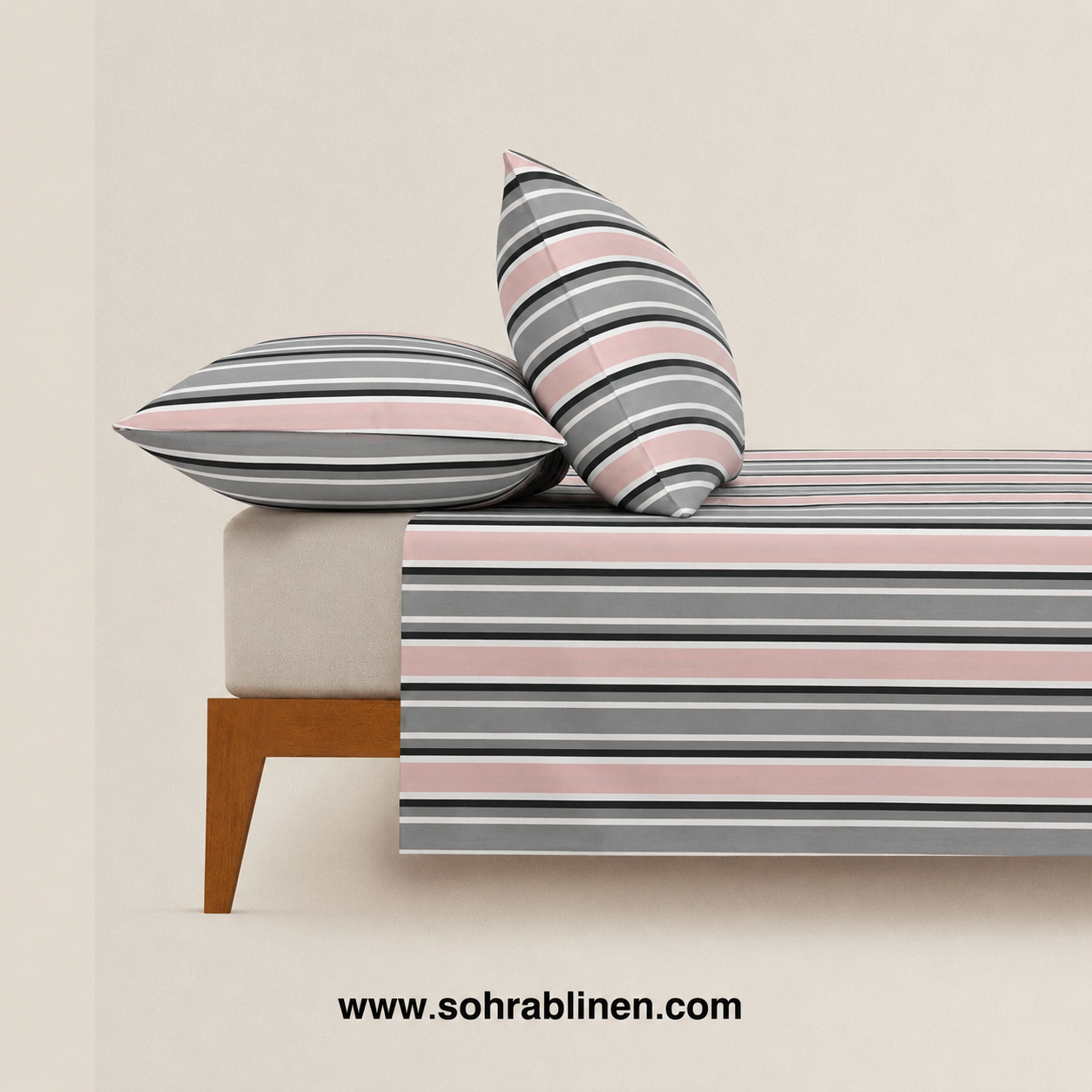 Blush Grey Stripe T-150 Cotton Bed Sheet Set