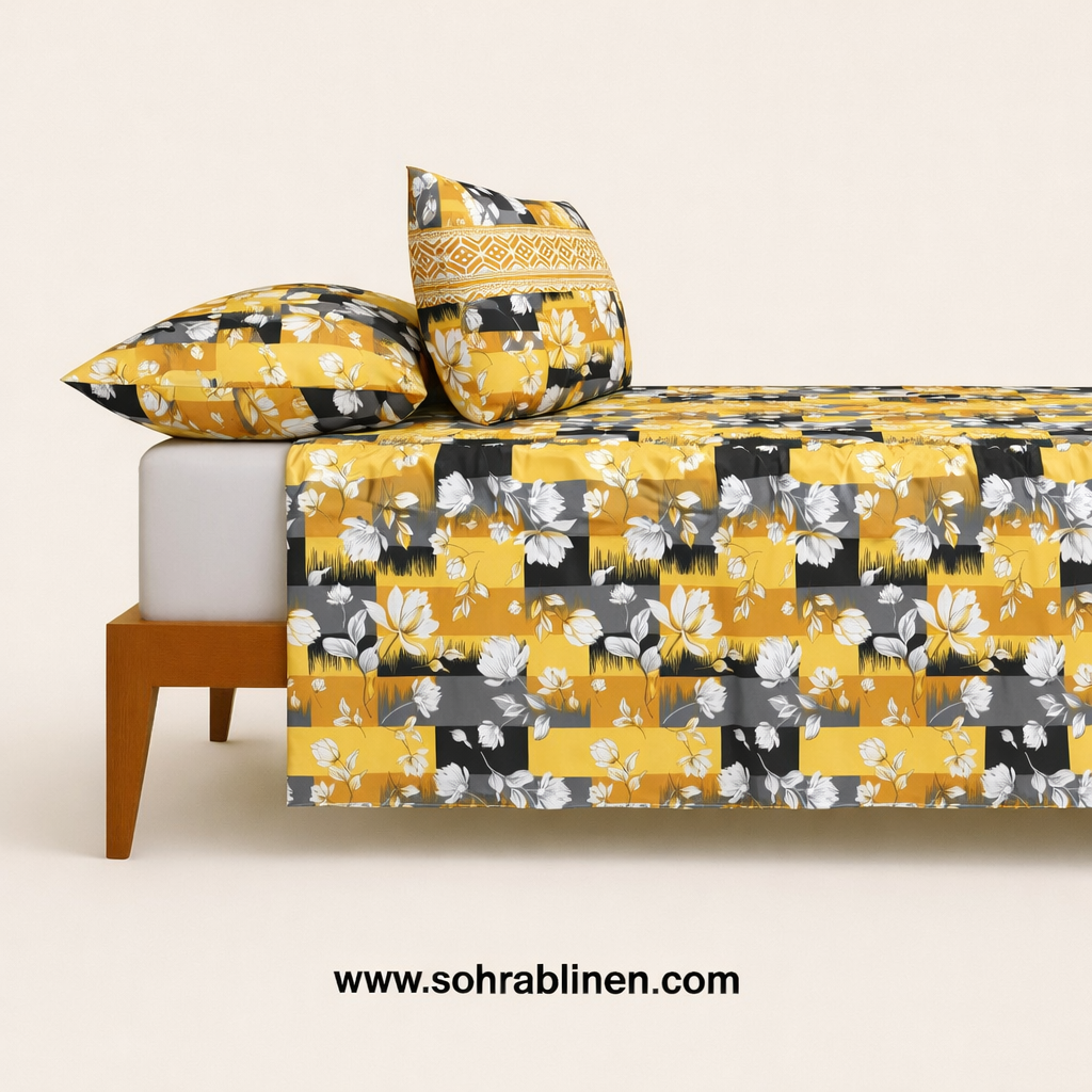 Golden Check Flora Cotton bedsheet Set