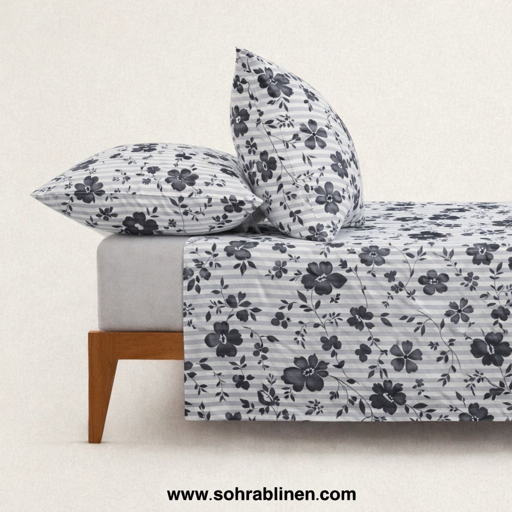 Signature Grey Floral Stripe Cotton bedsheet Set
