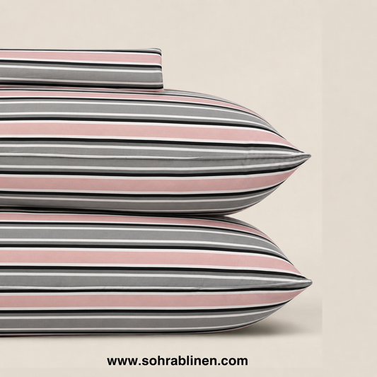 Blush Grey Stripe T-150 Cotton Bed Sheet Set