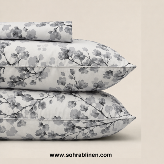 Grey Blossom Floral T-150 Cotton Bed Sheet Set