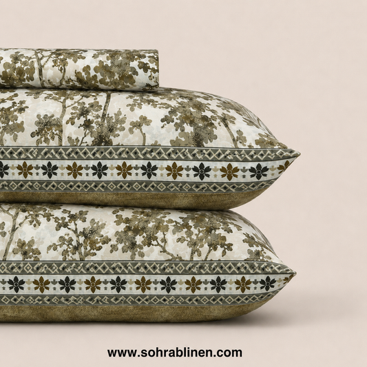 Olive Woodland T-150 Cotton Bed Sheet Set