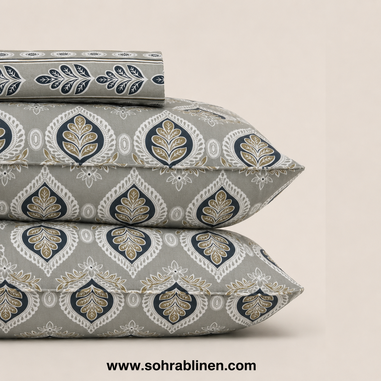 Scandinavian  Leaf Grey T-150 Cotton Bed Sheet set