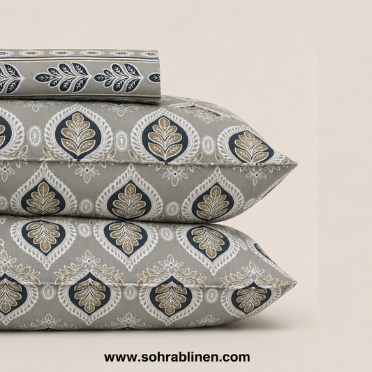 Scandinavian  Leaf Grey T-150 Cotton Bed Sheet set