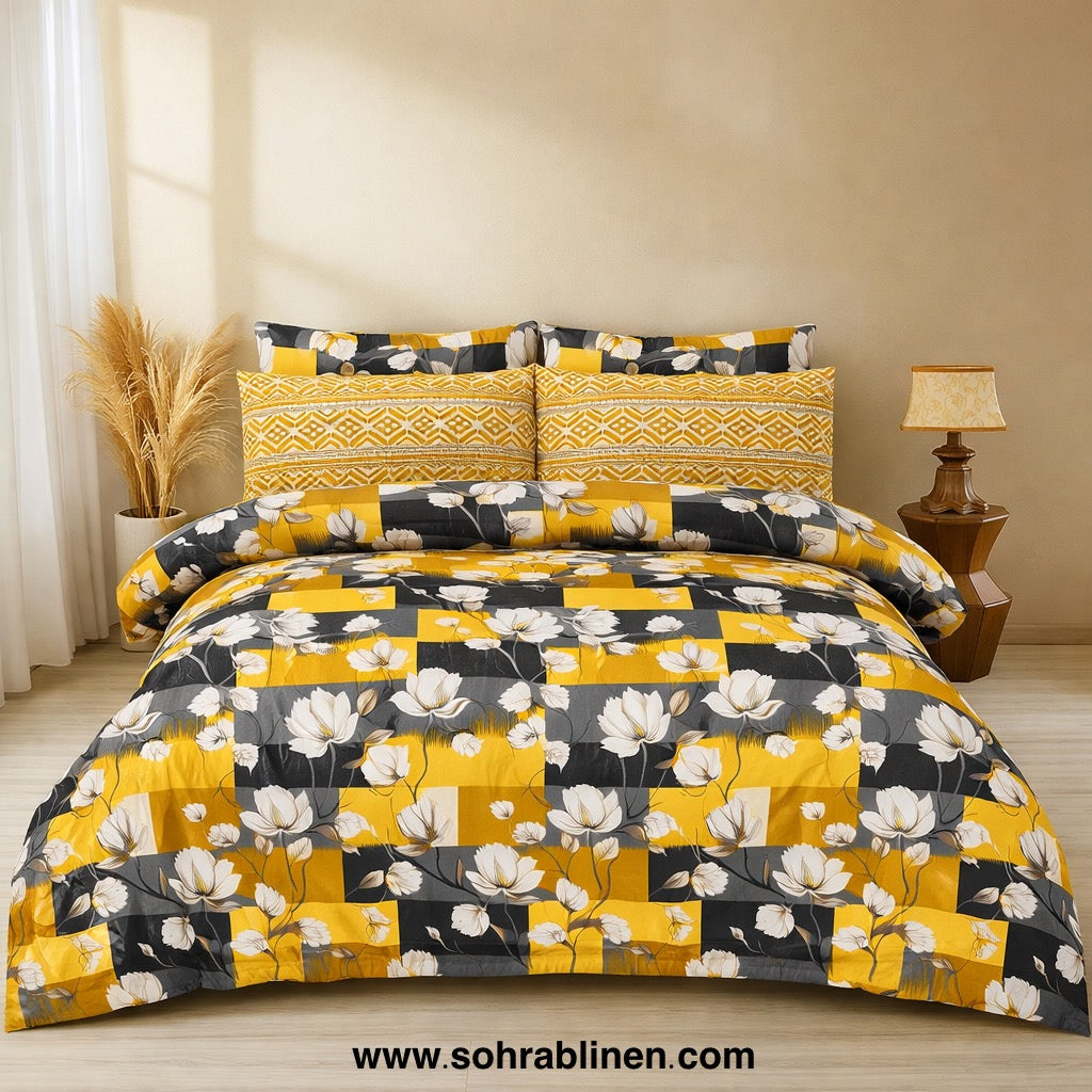 Golden Check Flora Cotton bedsheet Set
