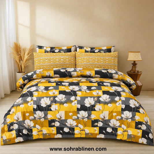 Golden Check Flora Cotton bedsheet Set