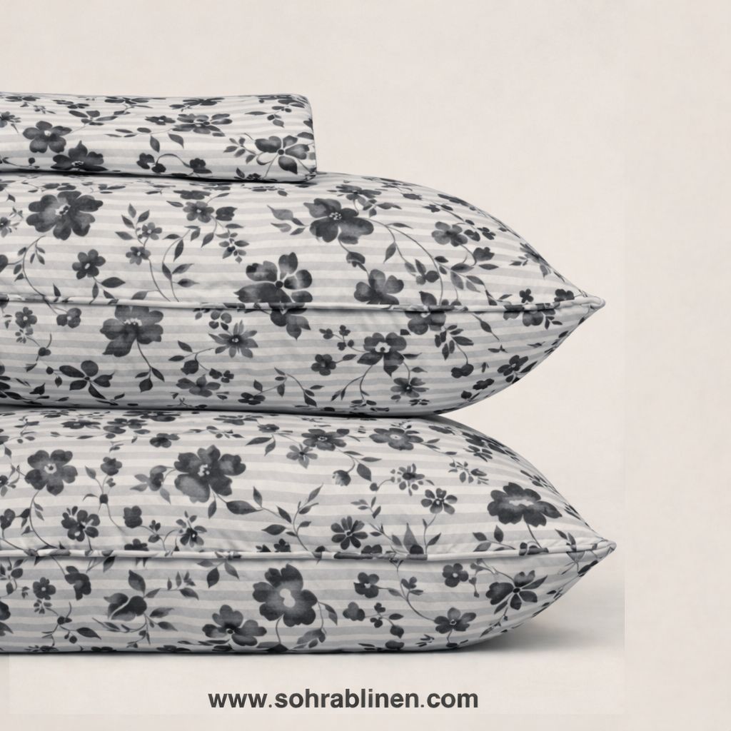 Signature Grey Floral Stripe Cotton bedsheet Set